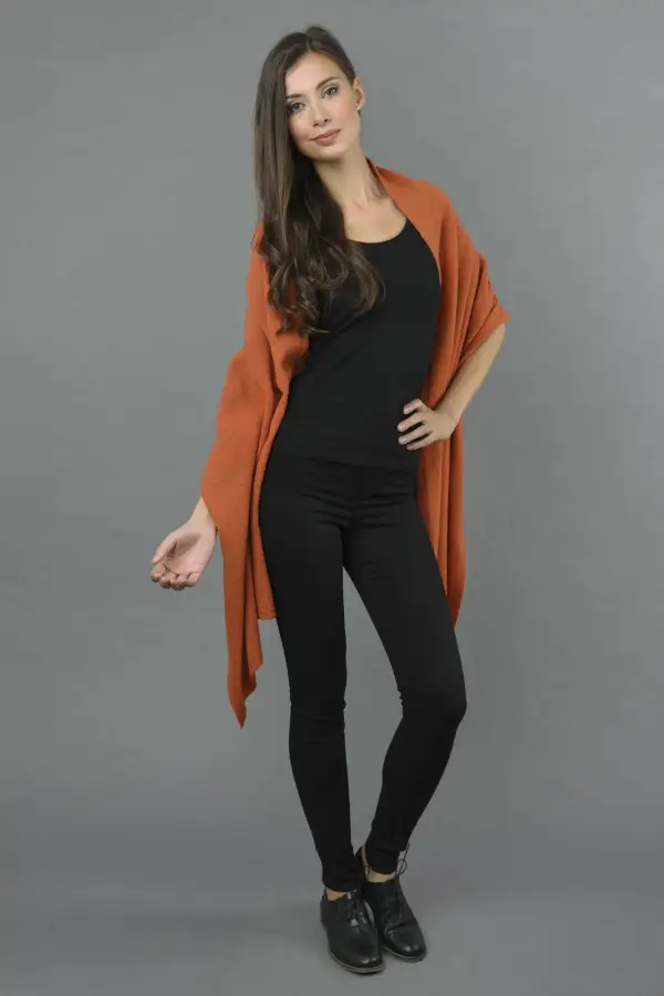 Knitted Pure Cashmere Wrap in Burnt Sienna
