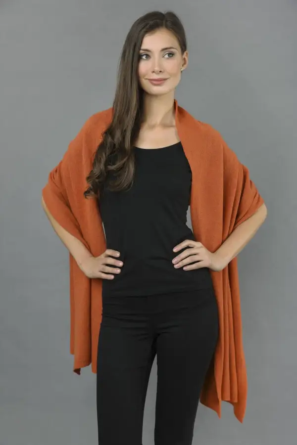 Knitted Pure Cashmere Wrap in Burnt Sienna