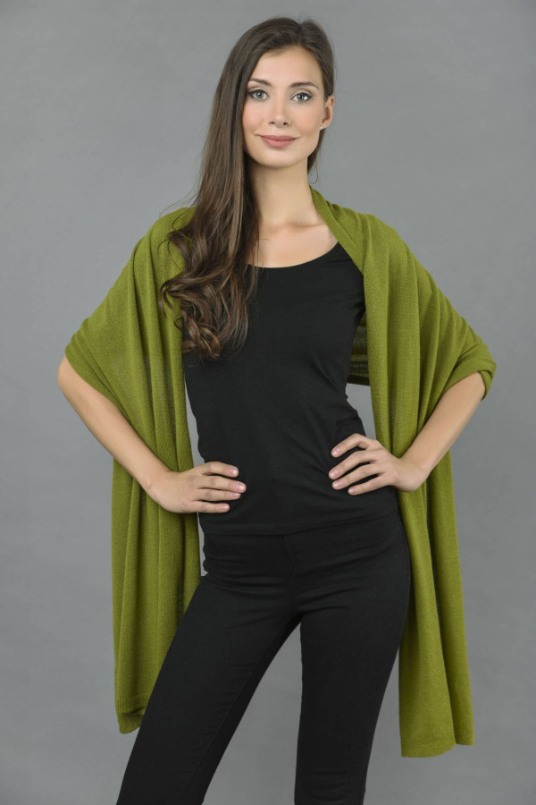 Knitted Pure Cashmere Wrap in Olive Green
