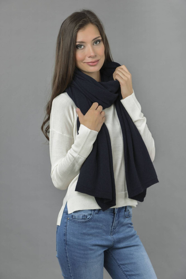 Knitted Pure Cashmere Wrap in Navy Blue