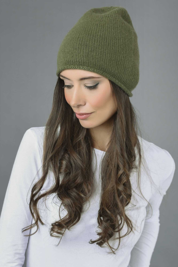 Pure Cashmere Plain Knitted Beanie Hat in Loden Green