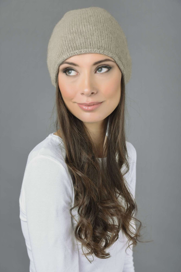 Pure Cashmere Plain Knitted Beanie Hat in Camel Brown