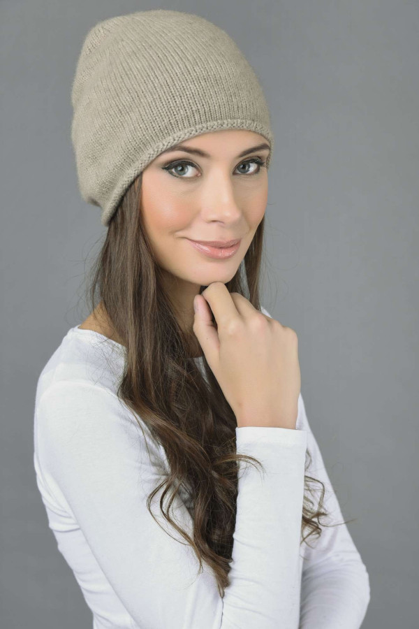 Pure Cashmere Plain Knitted Beanie Hat in Camel Brown
