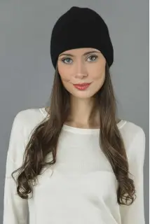 Cappello berretto cuffia con bordo arricciato 100% cashmere Nero