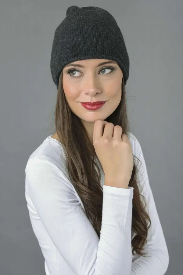 Cappello berretto cuffia con bordo arricciato 100% cashmere Grigio Antracite