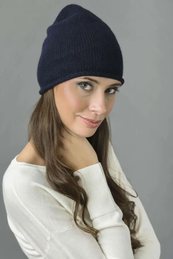 Cappello berretto cuffia con bordo arricciato 100% cashmere Blu navy