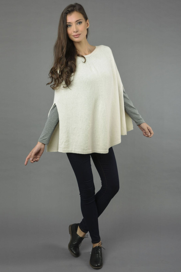 Pure Cashmere Poncho Cape, Plain Knitted in Cream White