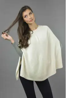 Pure Cashmere Poncho Cape, Plain Knitted in Cream White