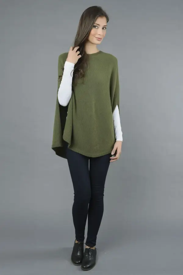 Pure Cashmere Plain Knitted Poncho Cape in Loden Green