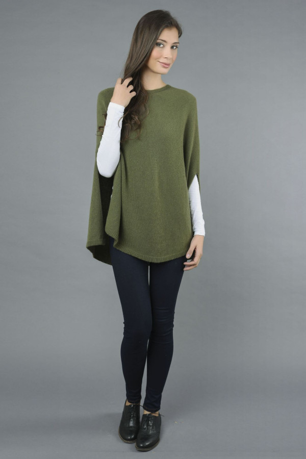 Pure Cashmere Poncho Cape, Plain Knitted in Loden Green