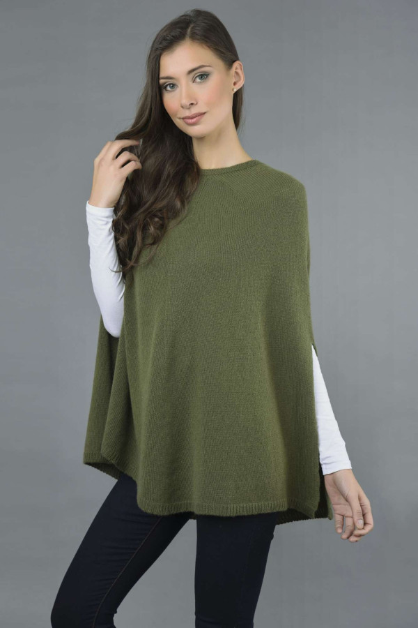 Pure Cashmere Poncho Cape, Plain Knitted in Loden Green