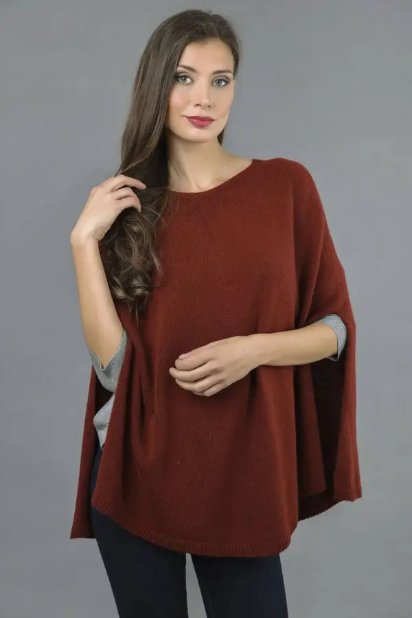 Pure Cashmere Poncho Cape, Plain Knitted in Bordeaux