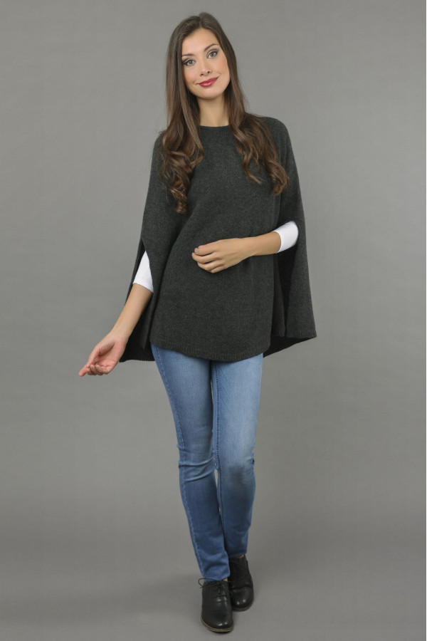 Capa Poncho liso de Cachemira pura de punto en gris carbón