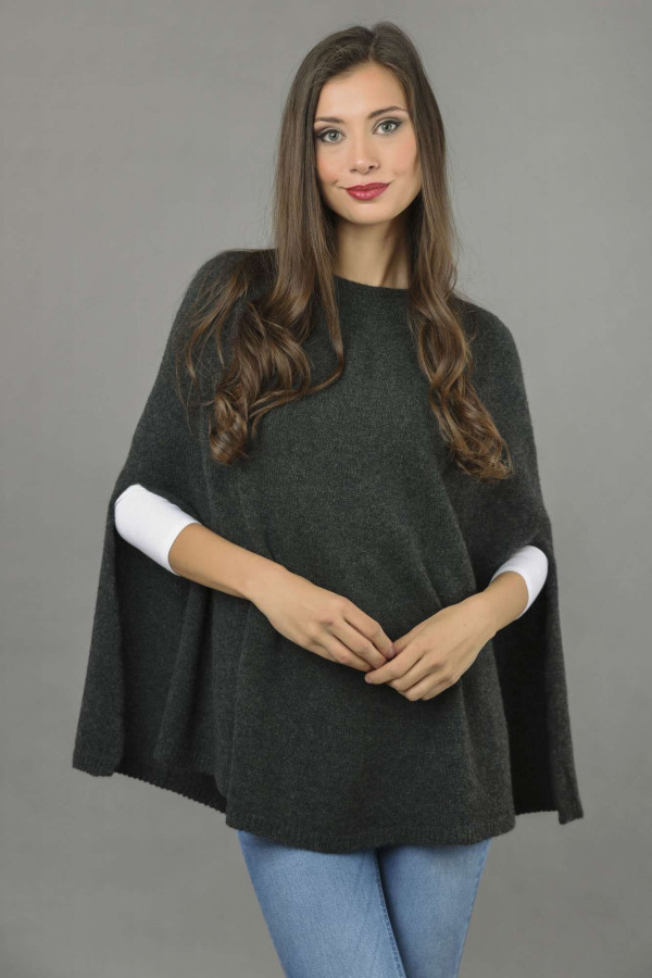 Pure Cashmere Plain Knitted Poncho Cape in Charcoal Grey