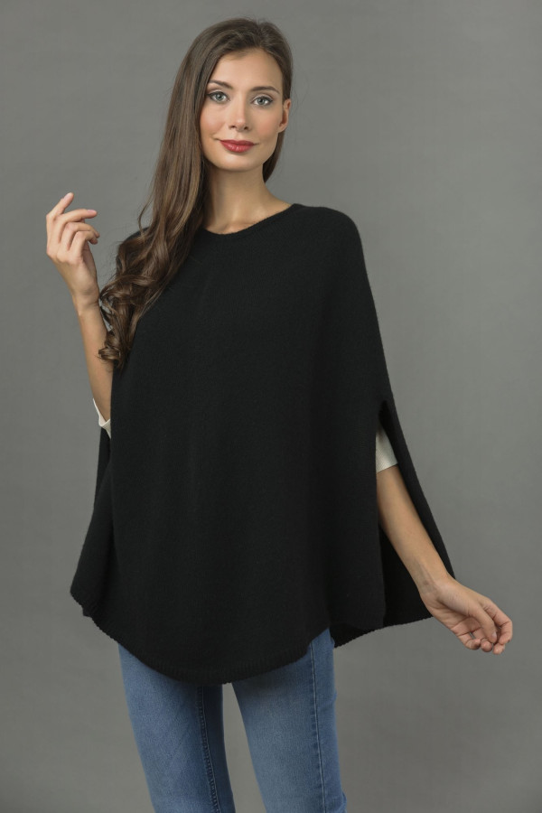 Capa Poncho liso de Cachemira pura de punto en negro