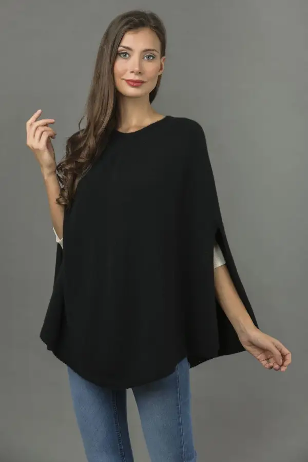 Pure Cashmere Poncho Cape, Plain Knitted in Black