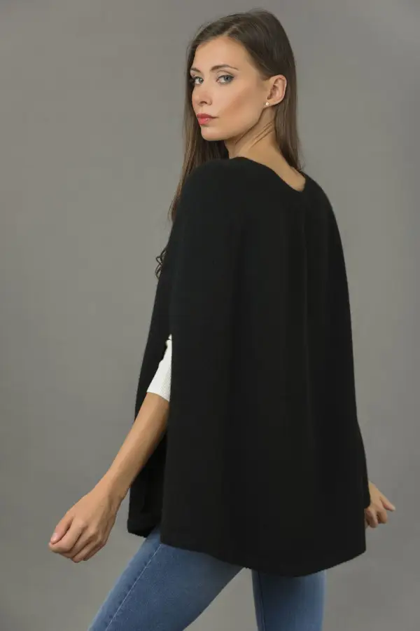 Pure Cashmere Poncho Cape, Plain Knitted in Black