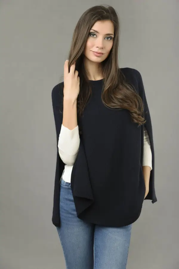 Pure Cashmere Poncho Cape, Plain Knitted in Blue navy