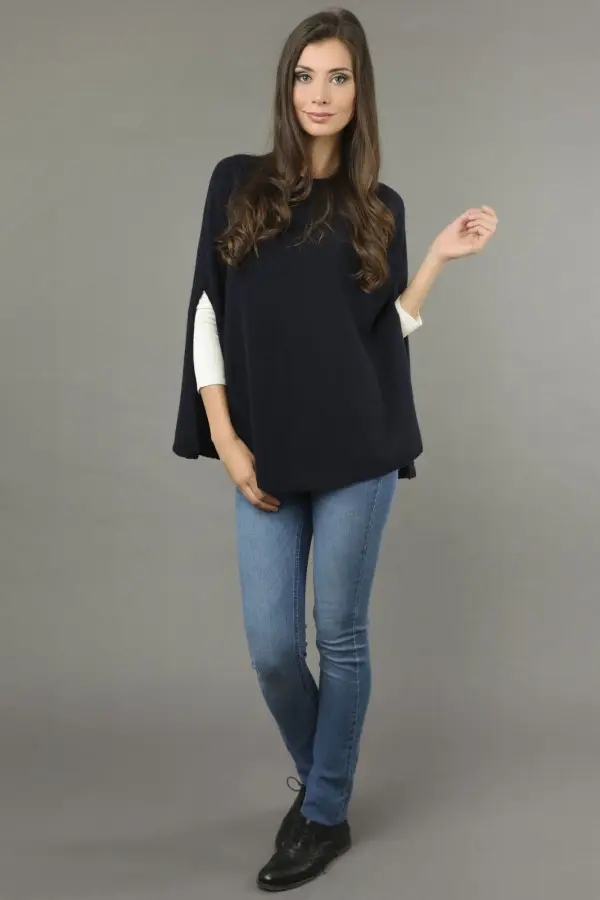 Pure Cashmere Poncho Cape, Plain Knitted in Blue navy