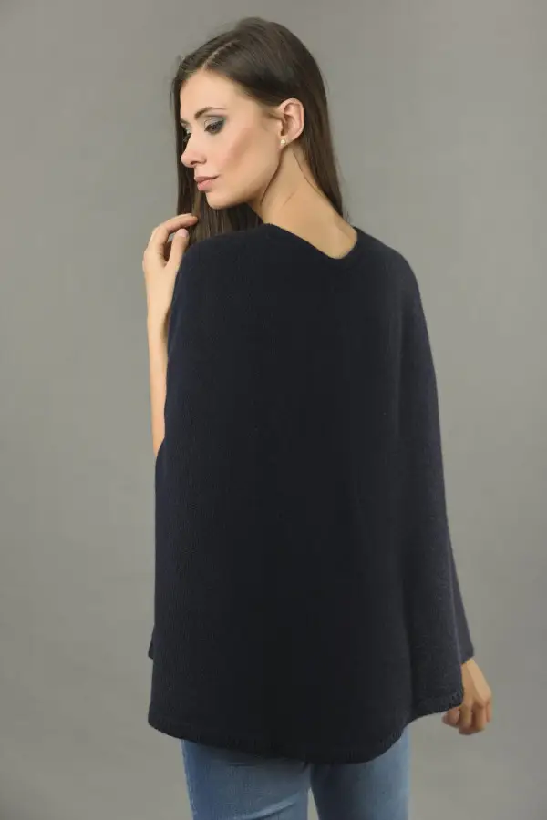Pure Cashmere Poncho Cape, Plain Knitted in Blue navy