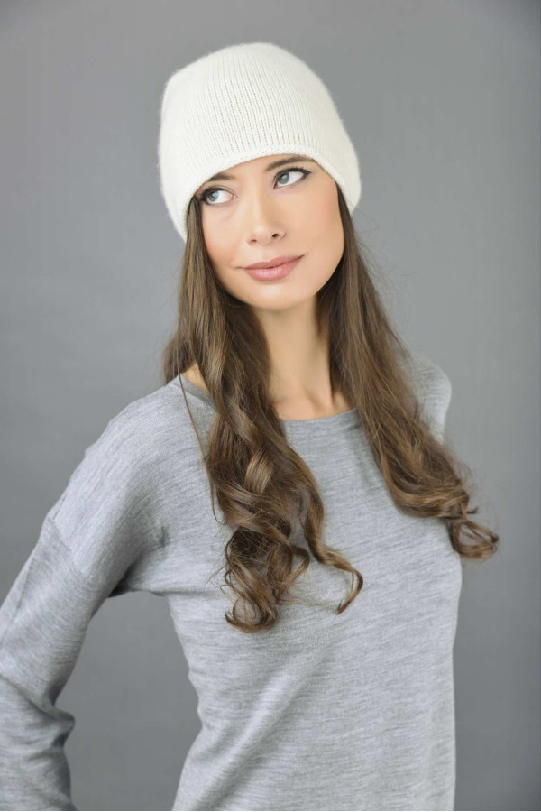 Reine Kaschmir Glatt Gestrickte Slouch Beanie Mütze in cremeweiß