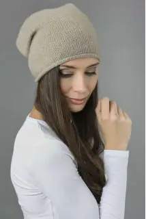 Reine Kaschmir Glatt Gestrickte Slouch Beanie Mütze in kamelbraun