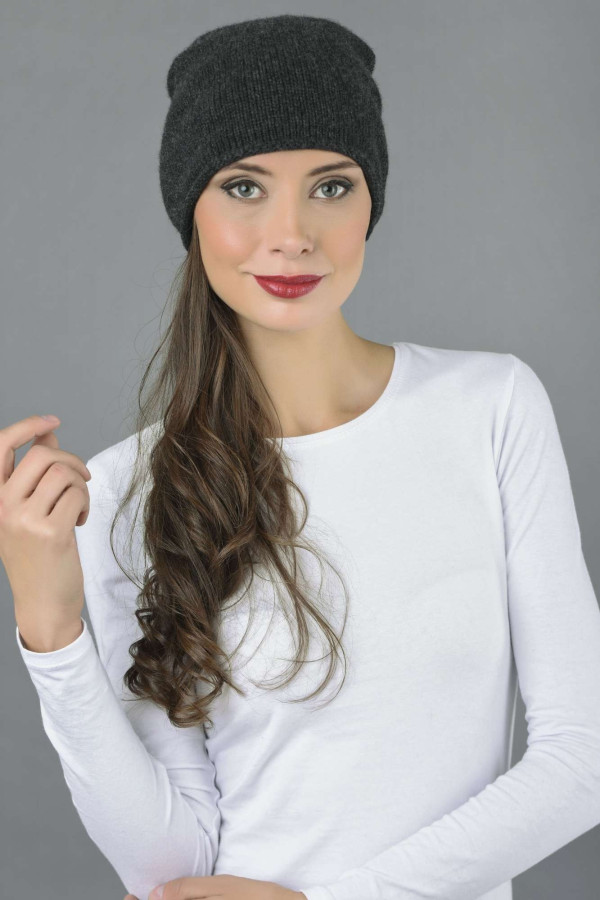 Reine Kaschmir Glatt Gestrickte Slouch Beanie Mütze in anthrazitgrau
