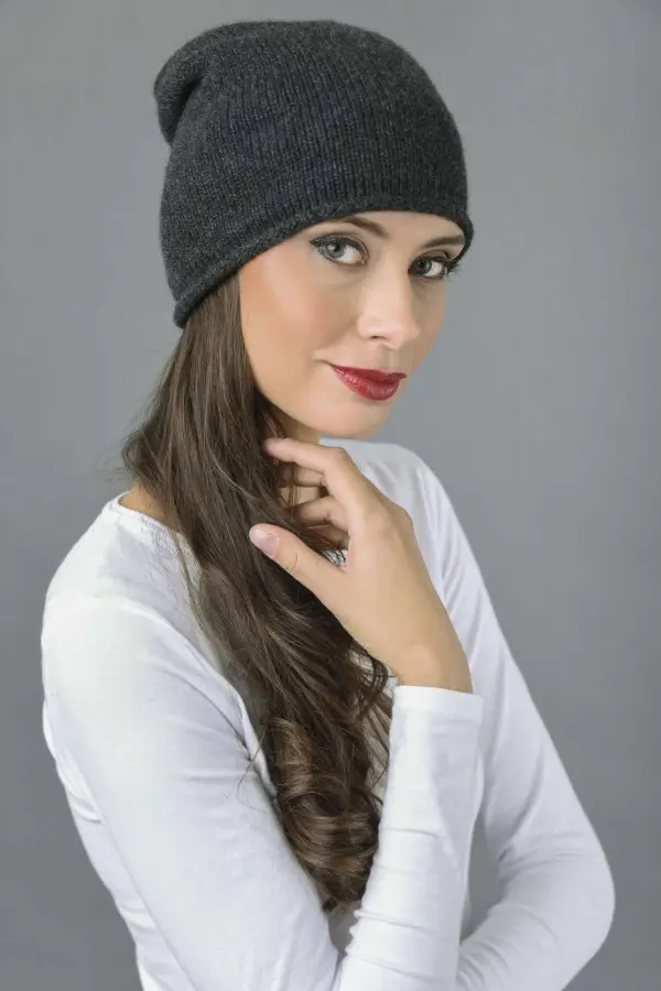 Reine Kaschmir Glatt Gestrickte Slouch Beanie Mütze in anthrazitgrau