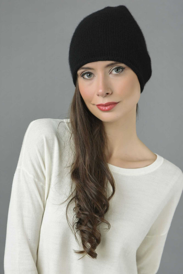 Reine Kaschmir Glatt Gestrickte Slouch Beanie Mütze in schwarz