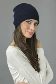 Pure Cashmere Plain Knitted Slouchy Beanie Hat in Navy Blue