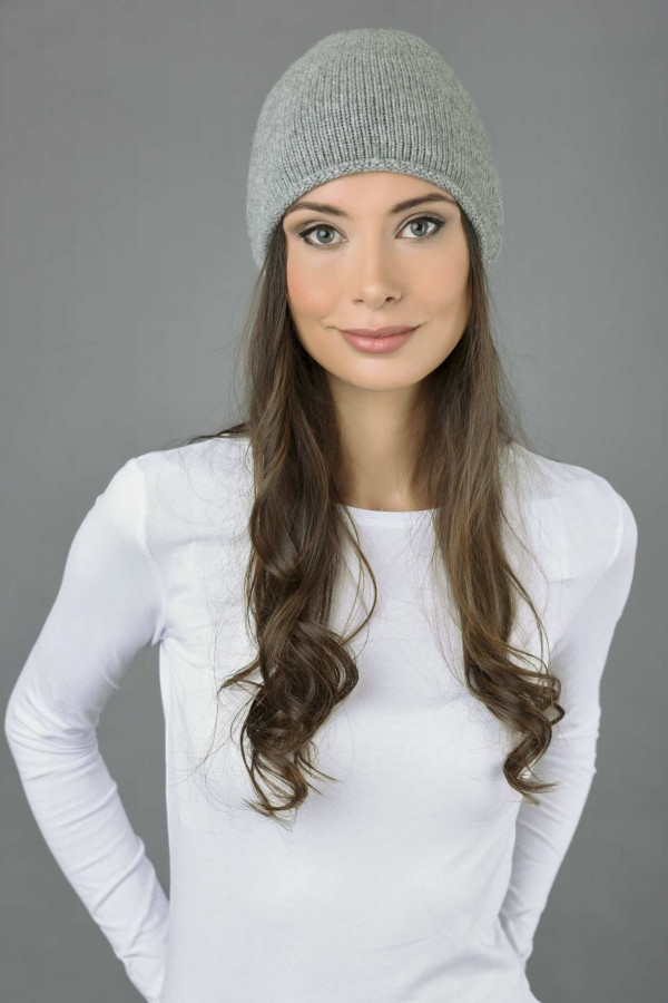 Reine Kaschmir Glatt Gestrickte Slouch Beanie Mütze in hellgrau