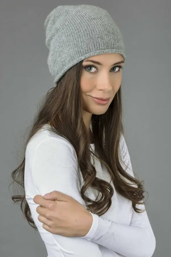 Cappello lungo puro Cashmere rasato in maglia liscia Grigio chiaro