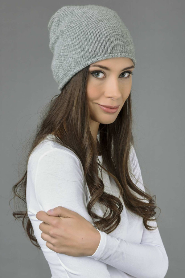 Cappello lungo puro Cashmere rasato in maglia liscia Grigio chiaro
