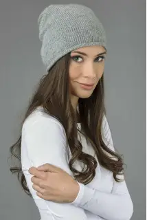 Cappello lungo puro Cashmere rasato in maglia liscia Grigio chiaro