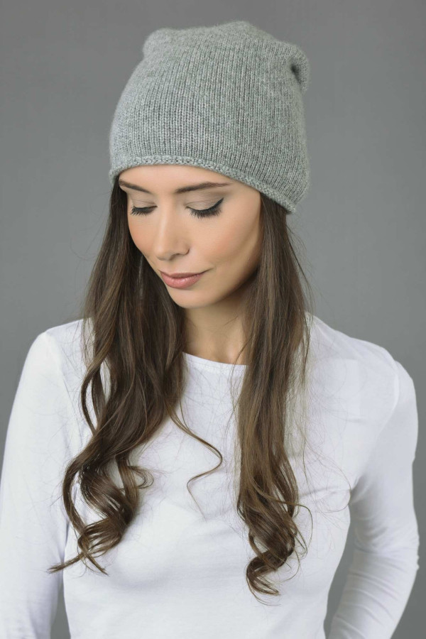 Pure Cashmere Plain Knitted Slouchy Beanie Hat in Light Grey