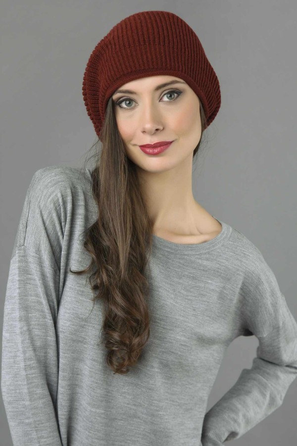 Reine Kaschmir Rippenstrick Slouch Beanie Mütze in bordeaux