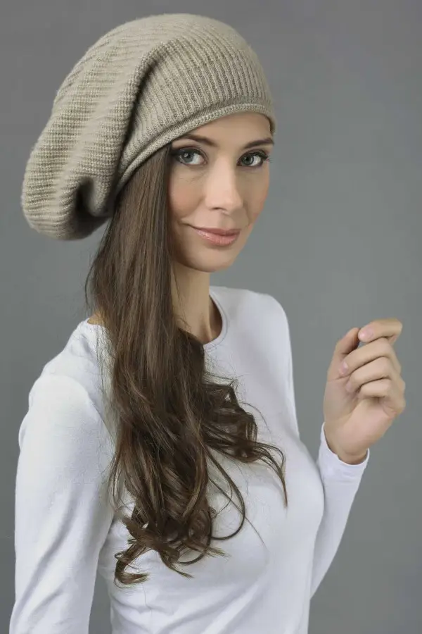 Reine Kaschmir Rippenstrick Slouch Beanie Mütze in kamelbraun