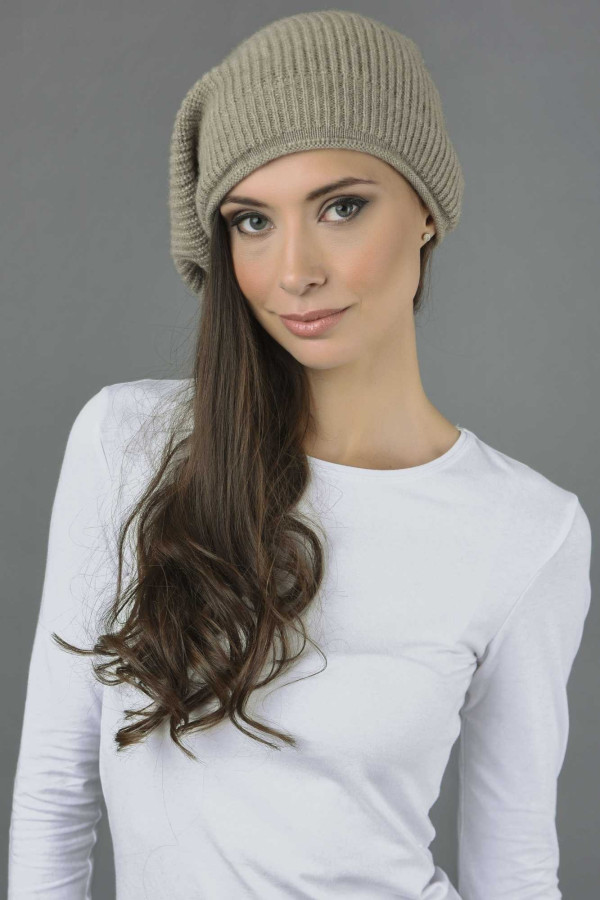 Pure Cashmere Ribbed Knitted Slouchy Beanie Hat in Camel Brown