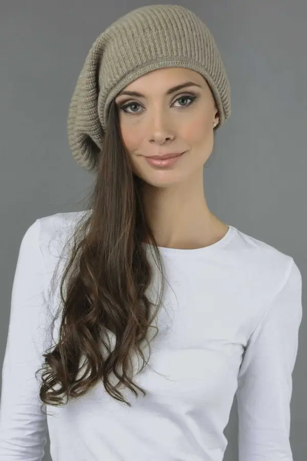 Reine Kaschmir Rippenstrick Slouch Beanie Mütze in kamelbraun