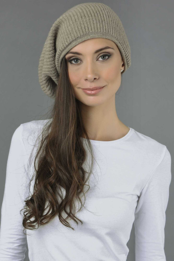 Pure Cashmere Ribbed Knitted Slouchy Beanie Hat in Camel Brown