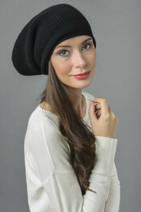 Pure Cashmere Ribbed Knitted Slouchy Beanie Hat in Black