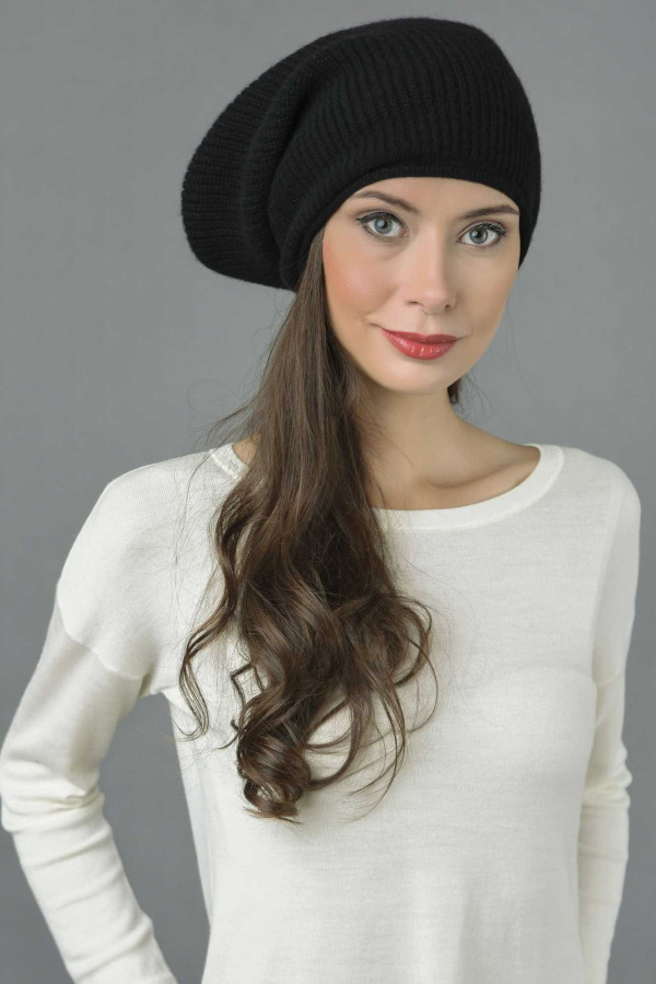 Pure Cashmere Ribbed Knitted Slouchy Beanie Hat in Black