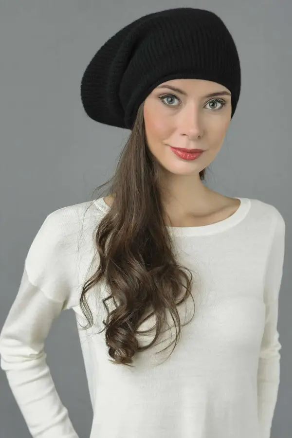 Pure Cashmere Ribbed Knitted Slouchy Beanie Hat in Black