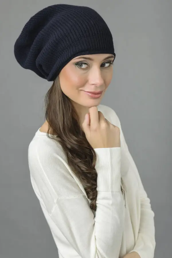 Reine Kaschmir Rippenstrick Slouch Beanie Mütze in navy blau