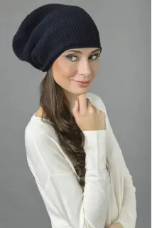 Pure Cashmere Ribbed Knitted Slouchy Beanie Hat in Navy Blue