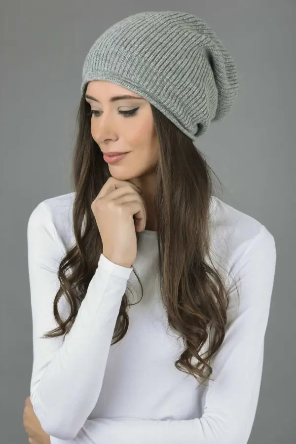 Reine Kaschmir Rippenstrick Slouch Beanie Mütze in hellgrau