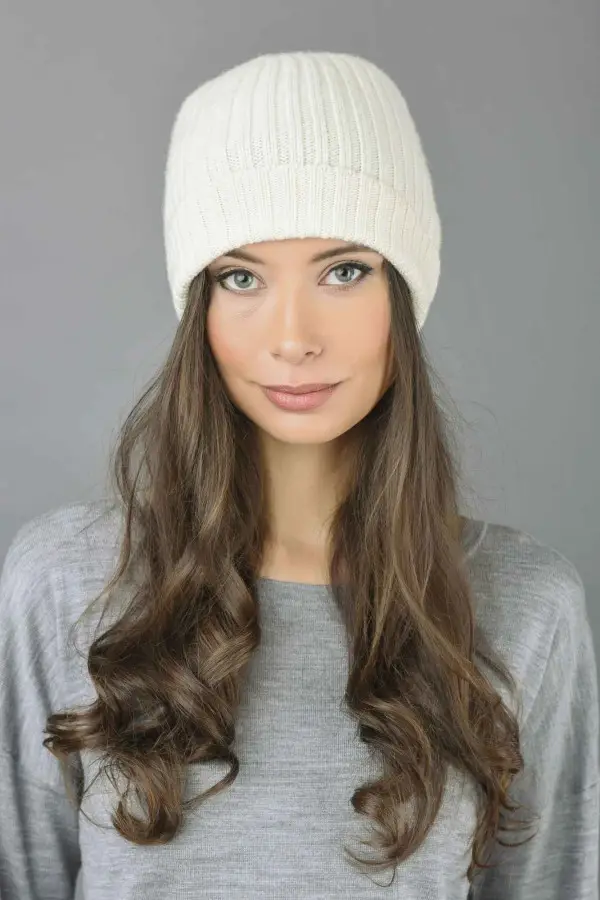 Reine Kaschmir Beanie Mütze Fischer Gerippt in cremeweiß