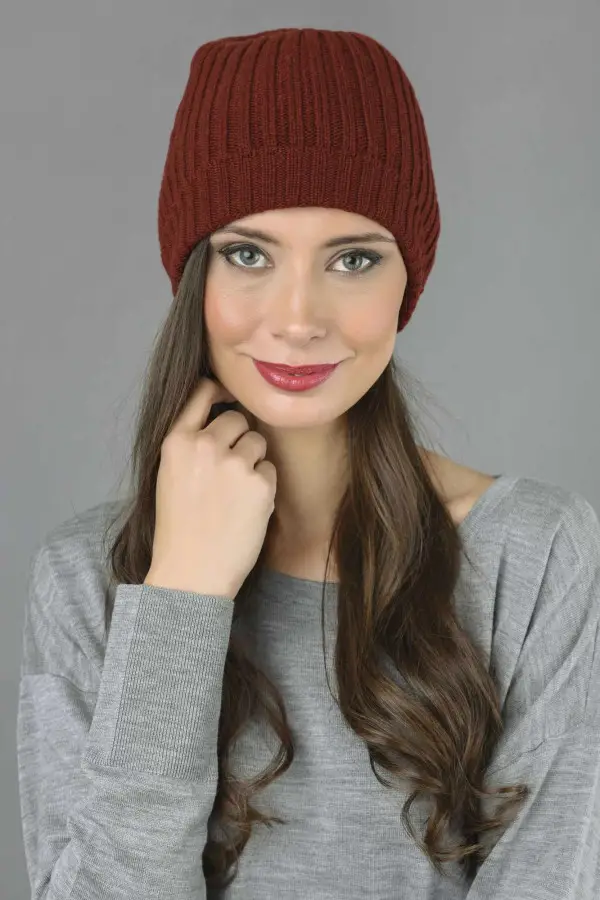 Reine Kaschmir Beanie Mütze Fischer Gerippt in bordeaux