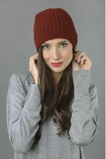 Reine Kaschmir Beanie Mütze Fischer Gerippt in bordeaux