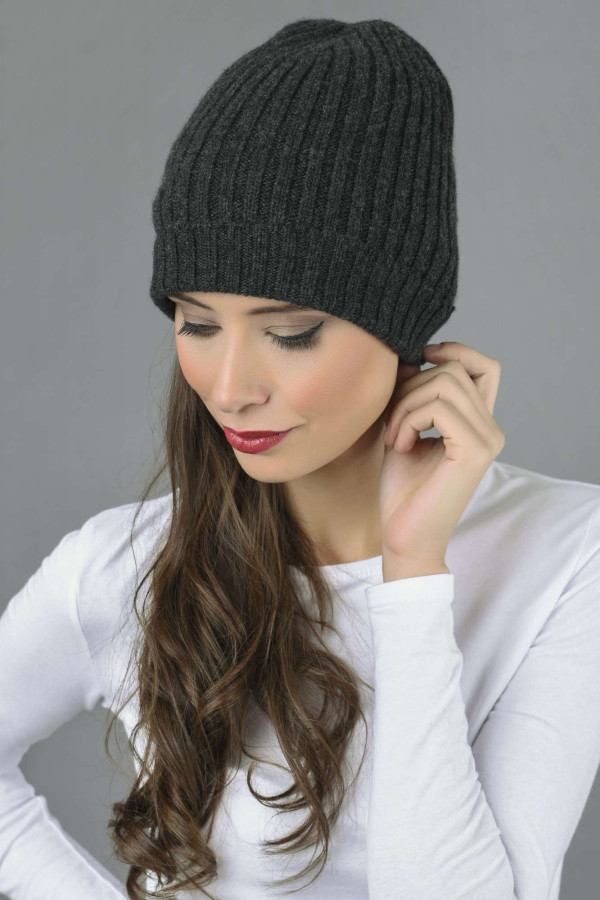 Pure Cashmere Fisherman Ribbed Beanie Hat in Charcoal Grey